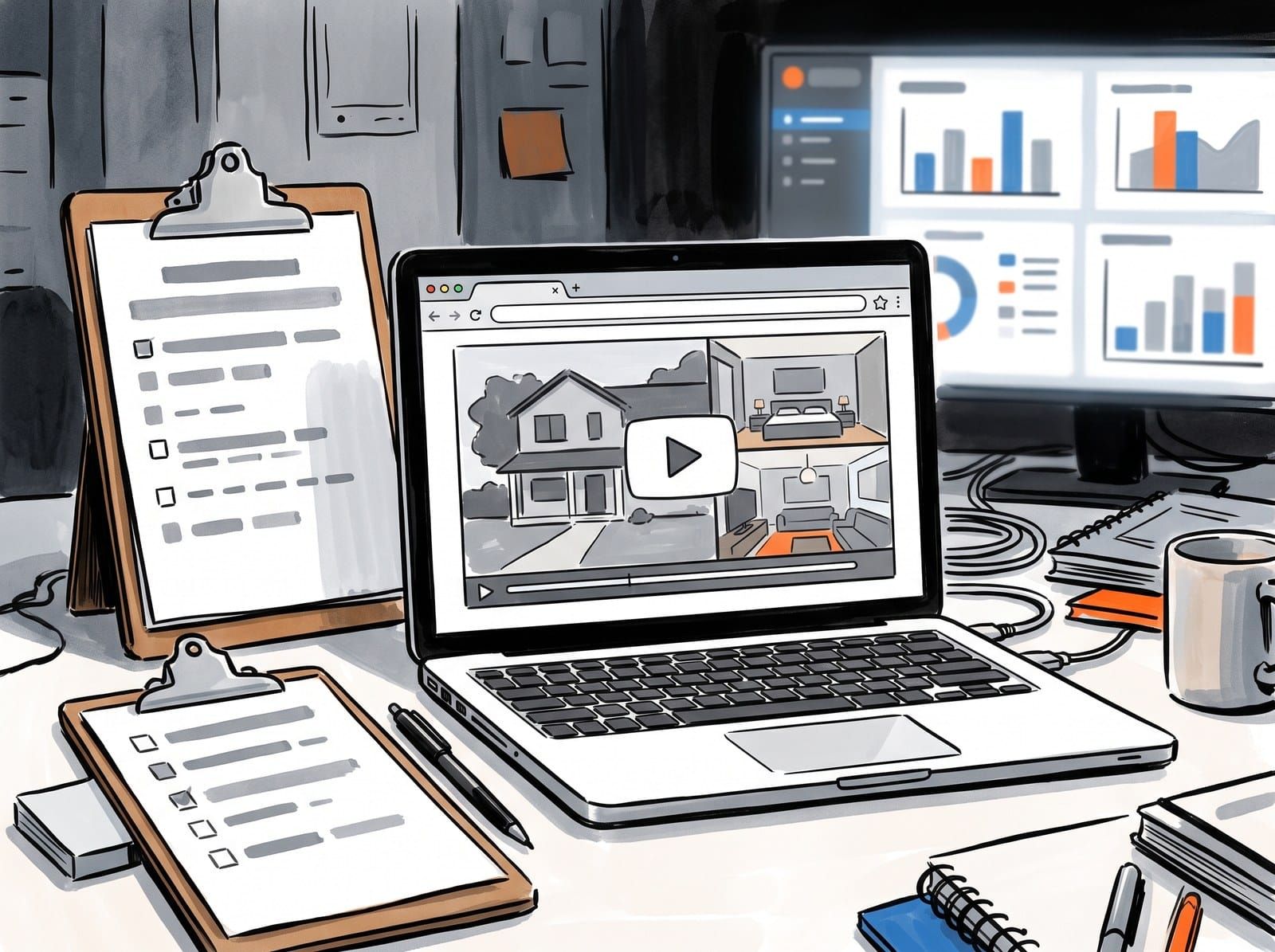 Laptop showing a property listing video beside two clipboards of checklist items being reviewed before MLS submission