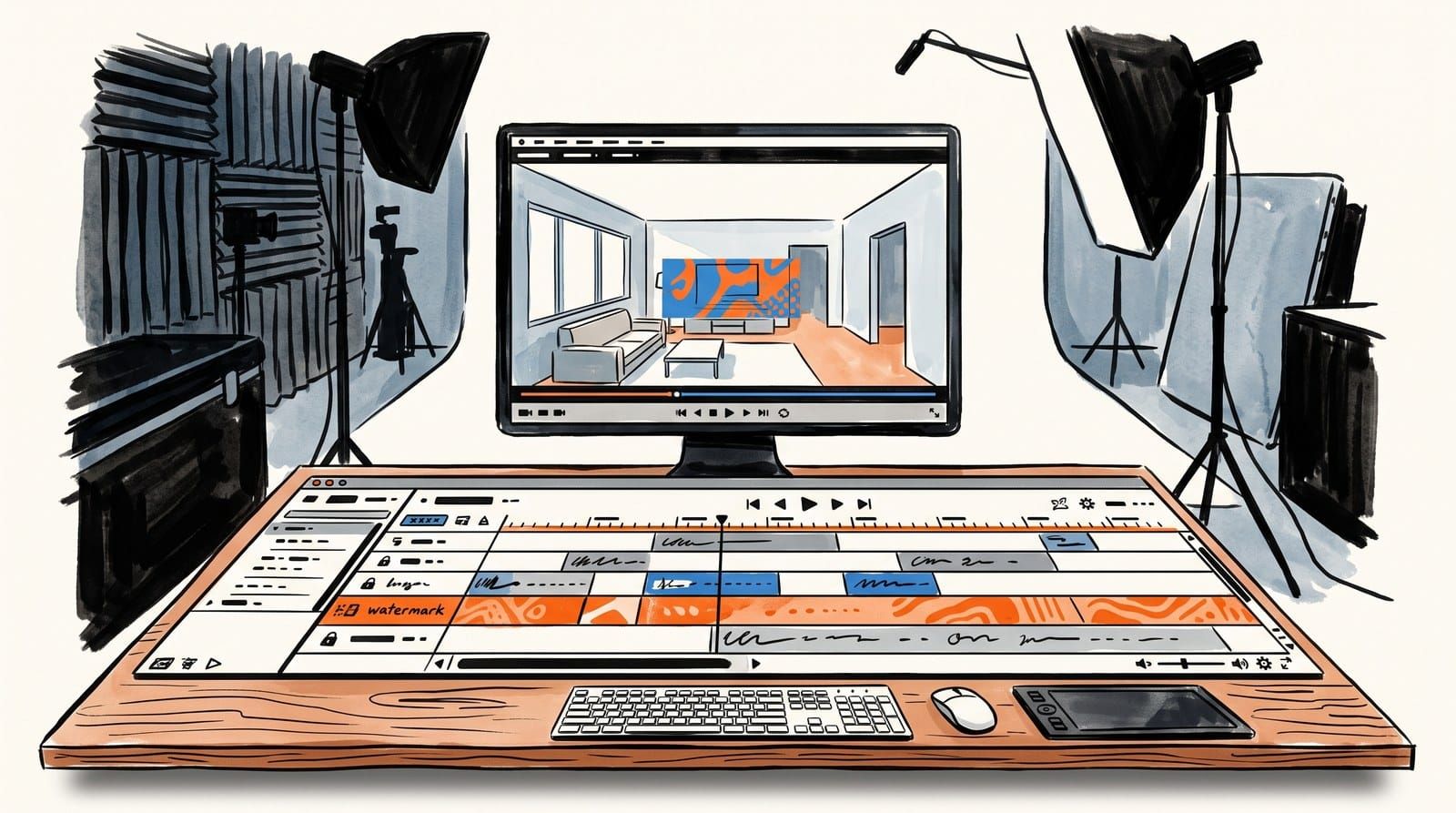 Video editing timeline with a highlighted watermark layer beneath a monitor previewing a neutral interior walkthrough