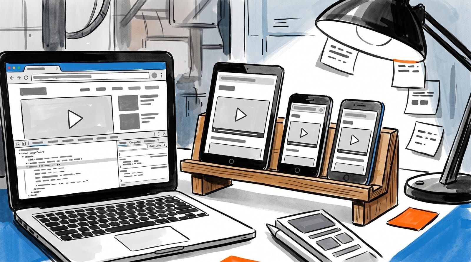 Phones, a tablet, and a laptop all showing the same clean property video page with no promotional elements around the player