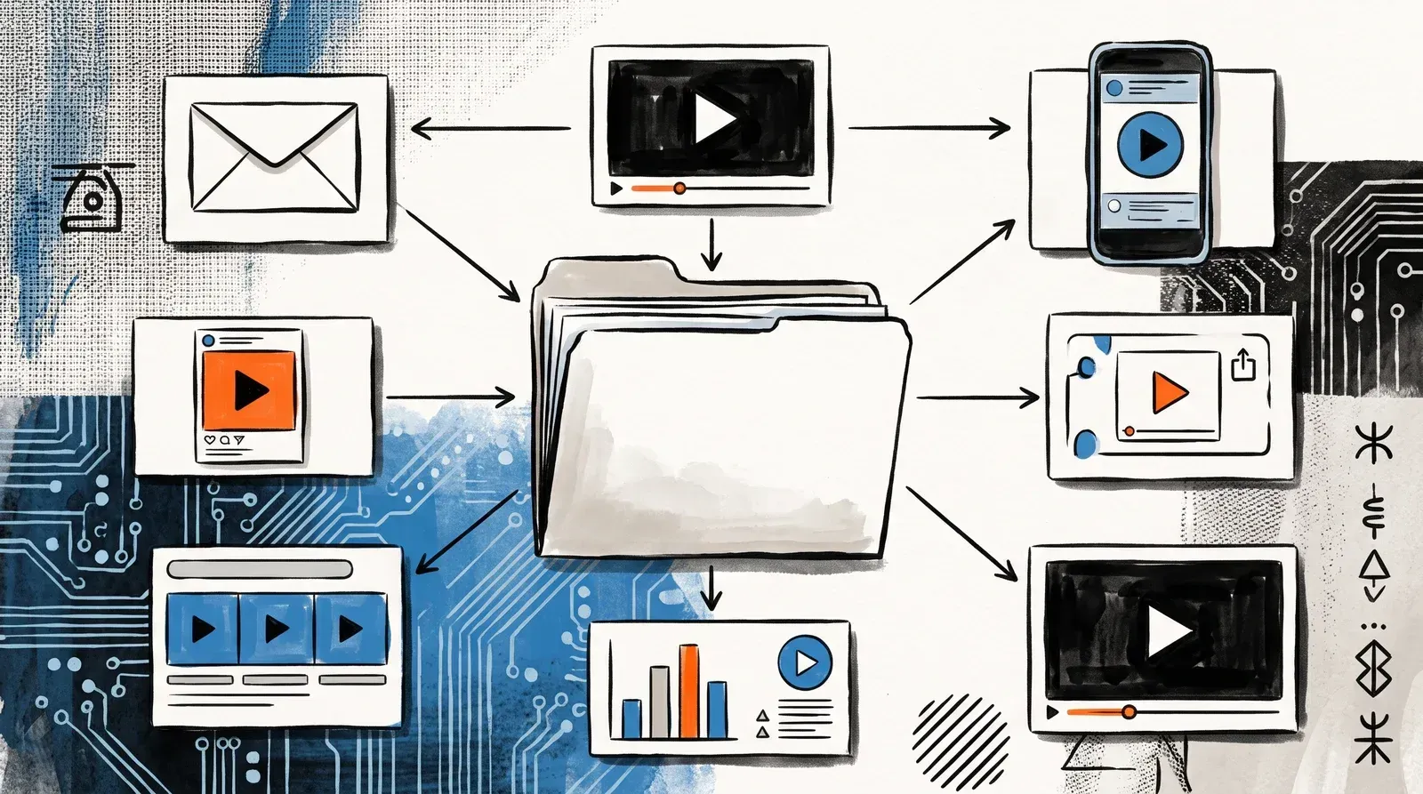 Editorial decision map branching from a single source video file to email, phone, editing timeline, social upload, and website destinations