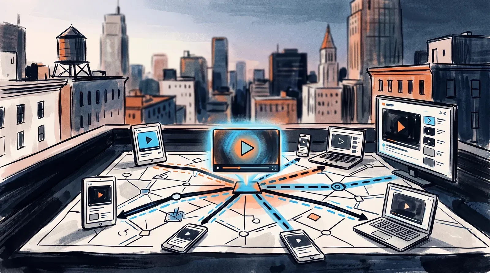 Editorial illustration of a website video player at the center of an edge network, with route lines reaching phones, tablets, laptops, and a desktop across a physical map