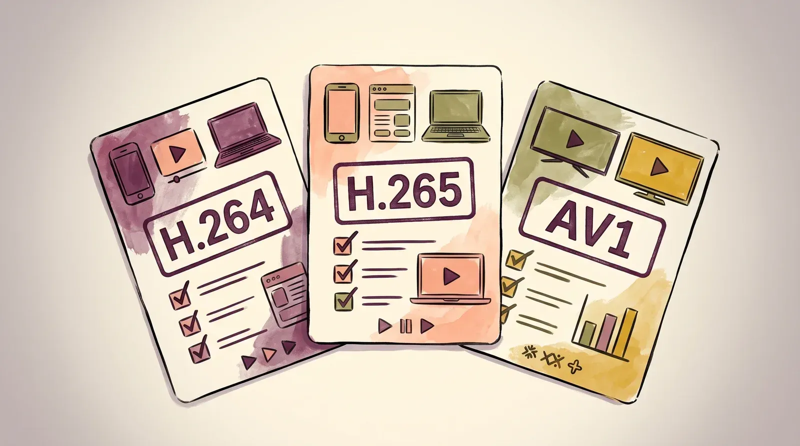 Three codec reference cards labeled H.264, H.265, and AV1, each with compatibility check marks and device icons behind it