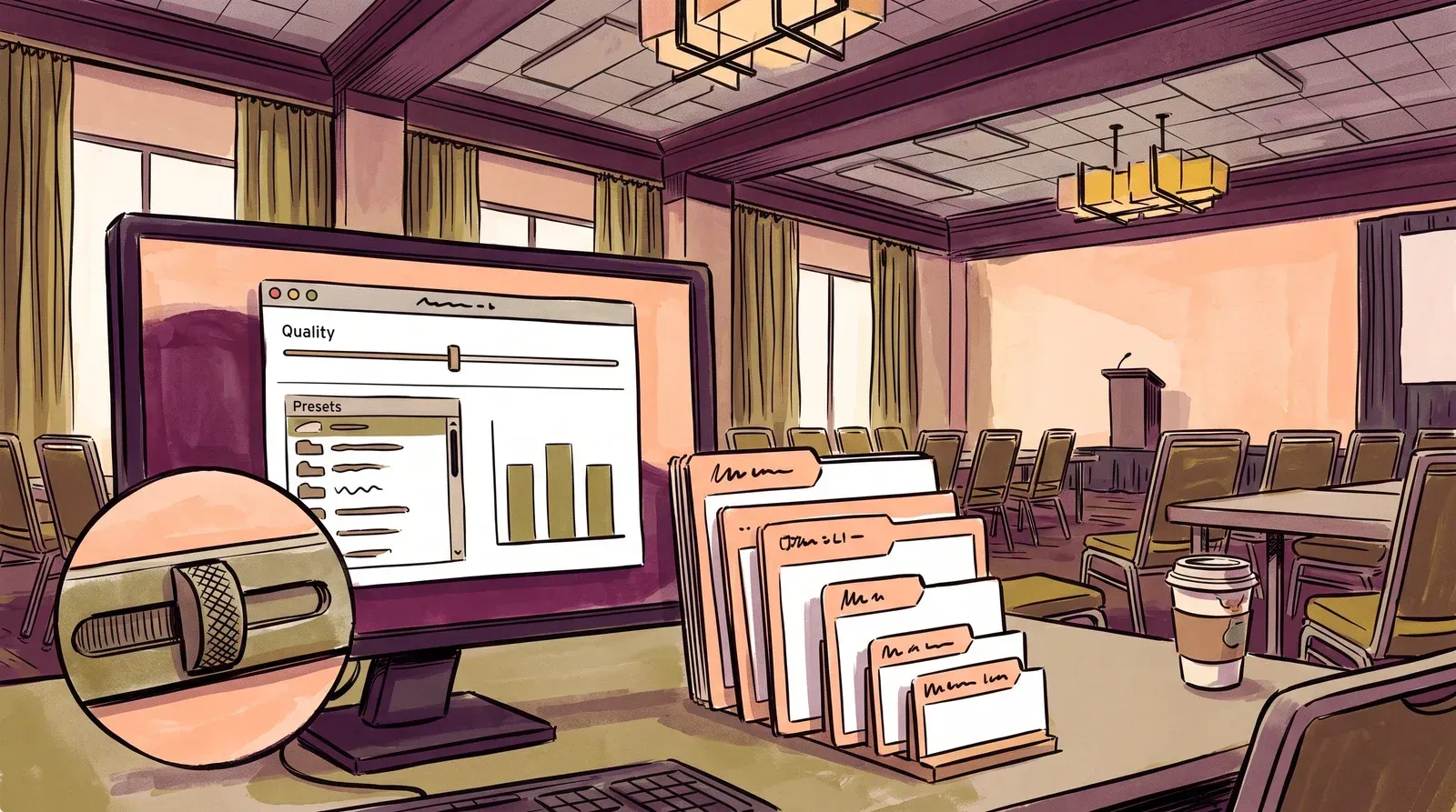 A desktop encoding window with a quality slider and preset list, next to a stack of output cards stepping down in size from large to small