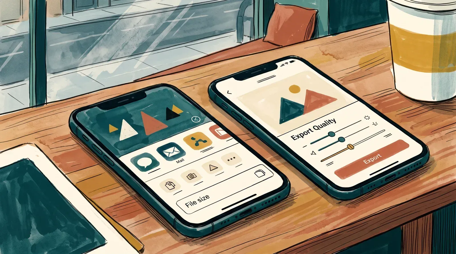 Two phones side by side, one showing a share sheet with a file-size readout and the other an export quality picker