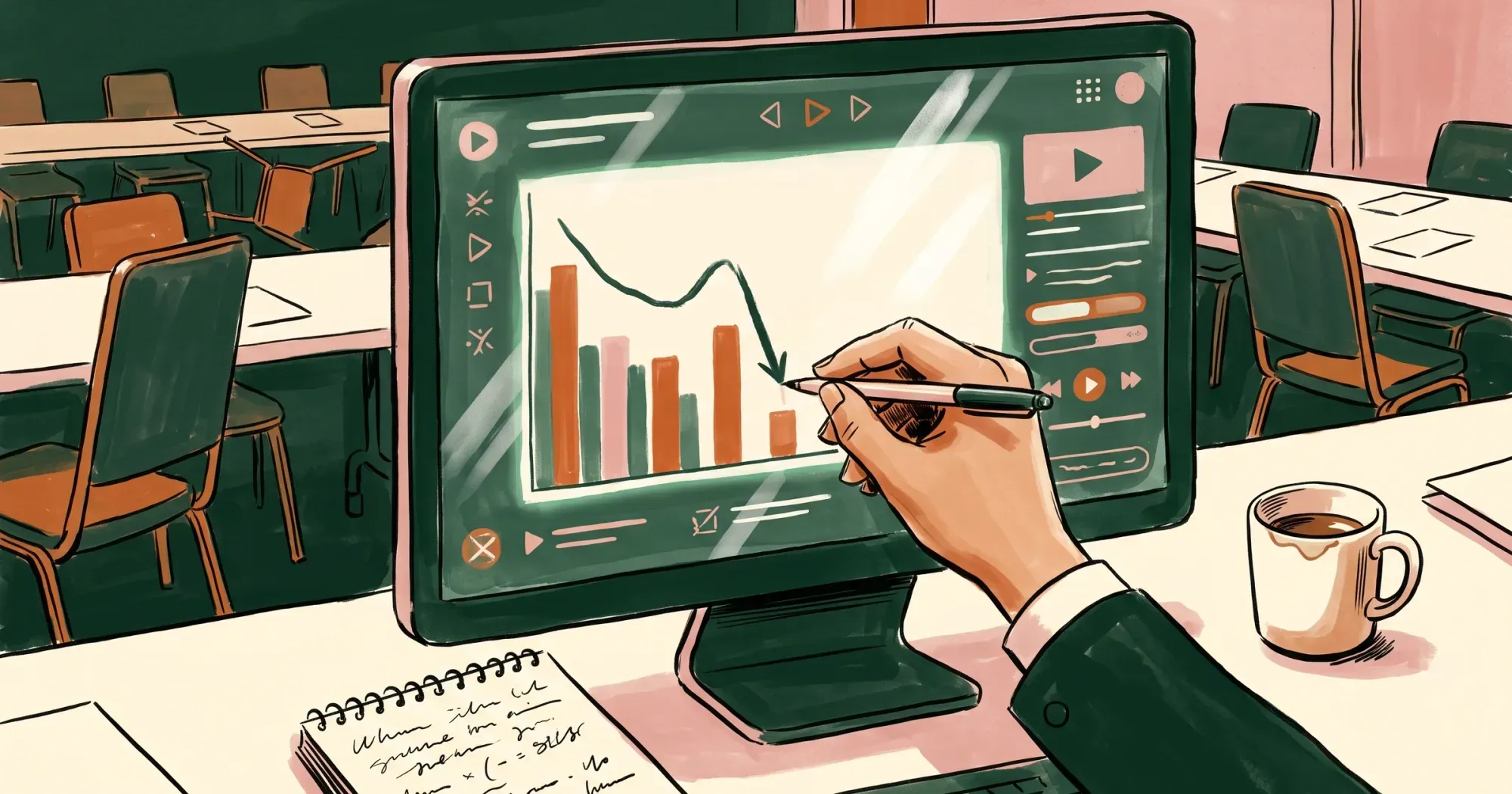 A hand marking the exact drop-off point on a video retention curve, a notebook with scribbled notes nearby in an empty conference room