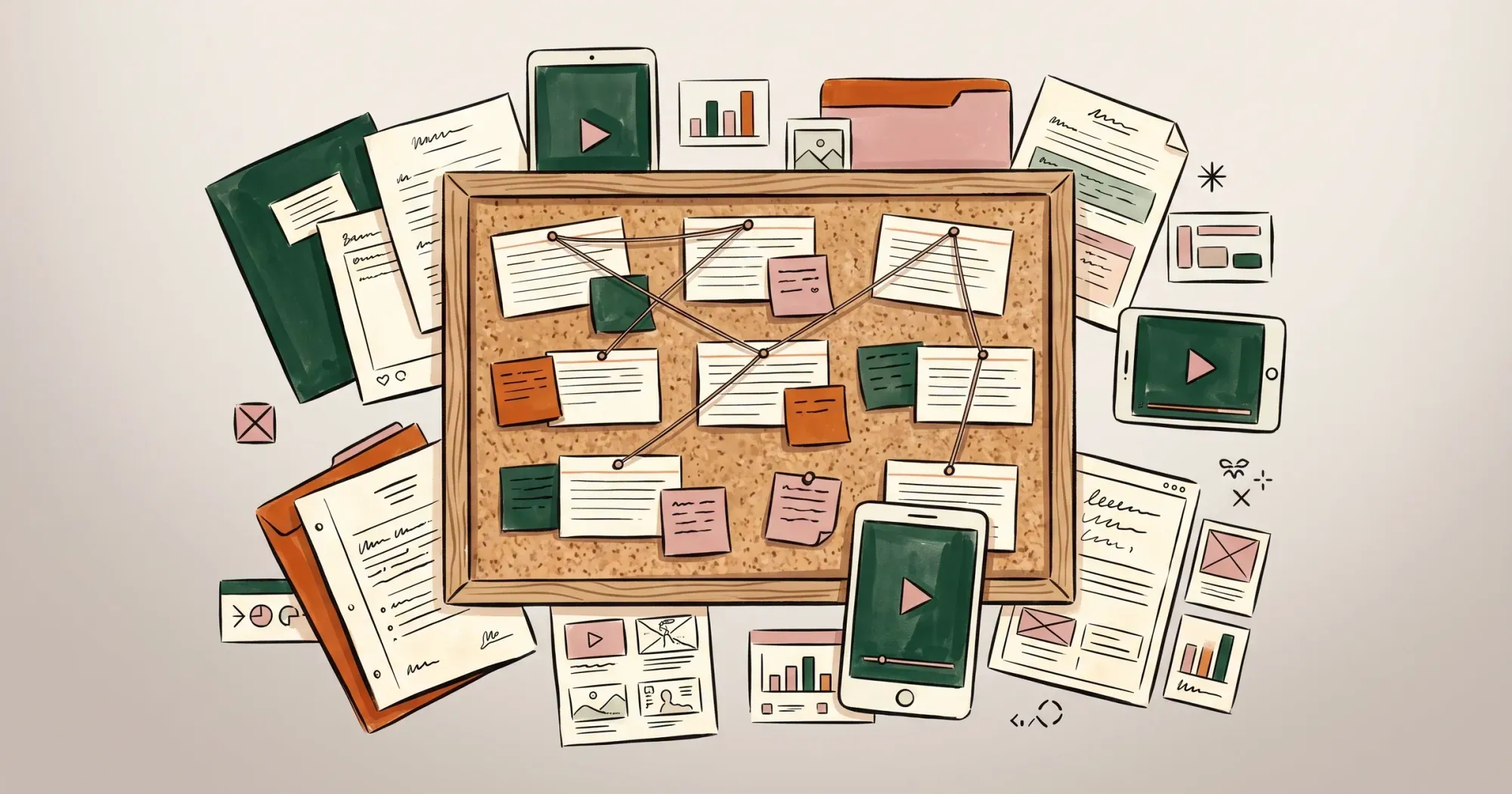 Corkboard covered with index cards and sticky notes outlining script beats in sequential order, connected with string