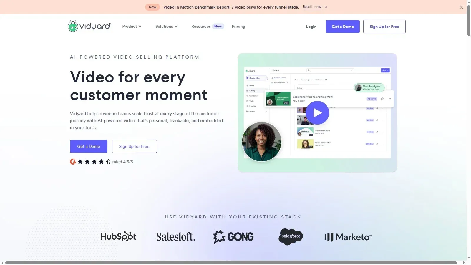 Vidyard homepage — AI-powered video selling platform for sales teams