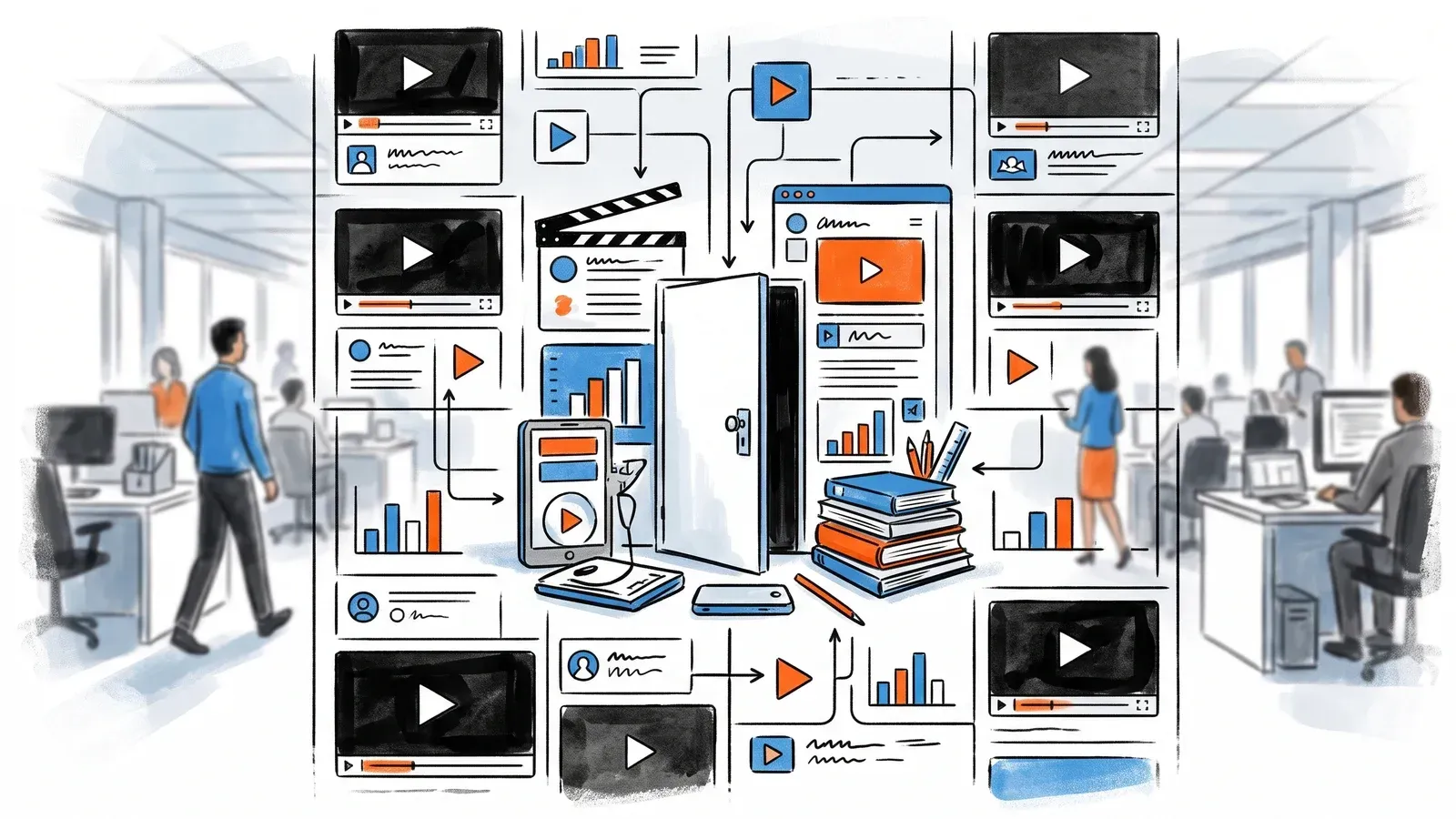 A modular grid of video library thumbnails and paywall portal icons representing an all-in-one membership video platform
