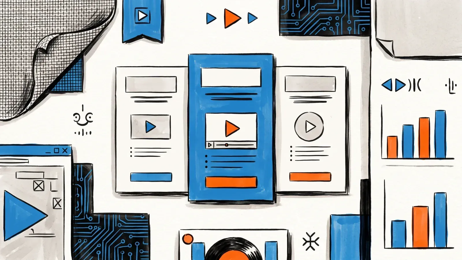 Three tiered SaaS video pricing plan cards with the middle plan highlighted in blue and orange