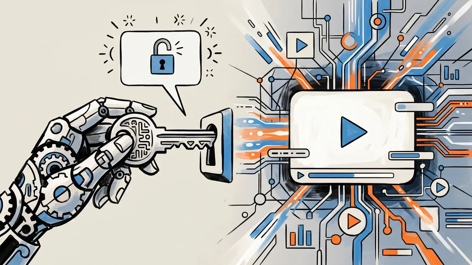 A key unlocking a fast, ad-free branded video player embedded on a company website, symbolizing secure membership access