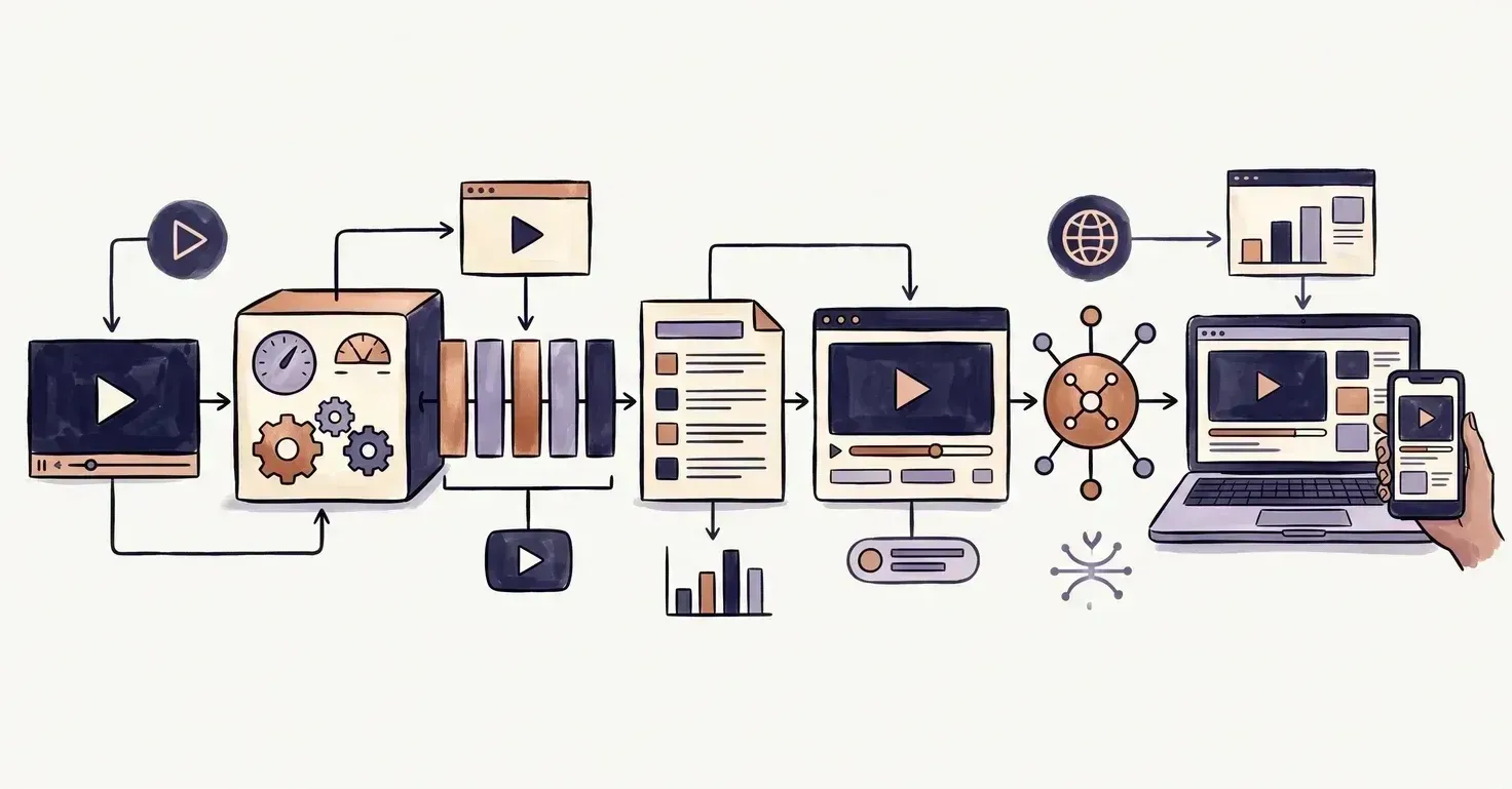 Diagram of the adaptive bitrate workflow: a source video passes through an encoder into aligned segments, a manifest, a browser player, and CDN delivery to a laptop and phone