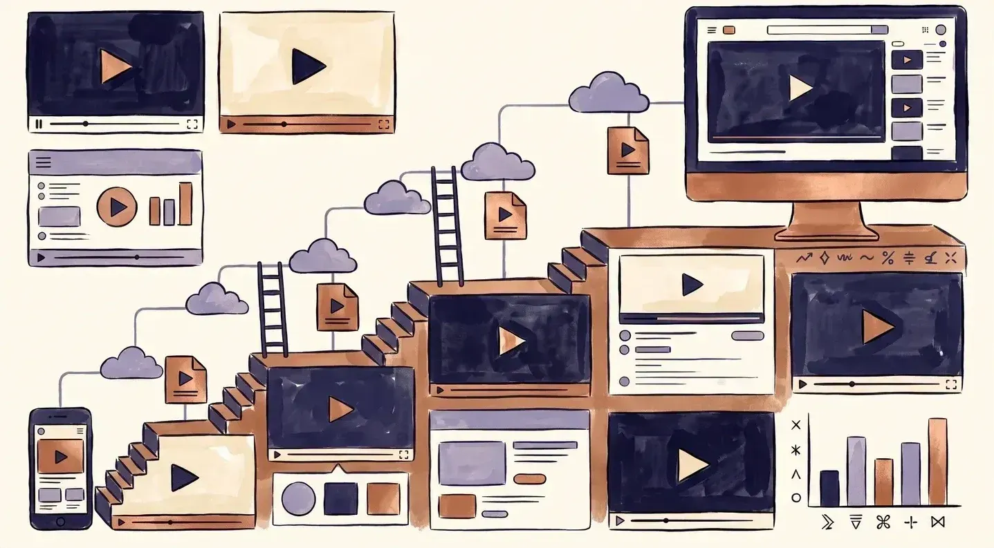 A staircase of video renditions rising from a small phone screen to a large desktop monitor, each step linked to a media file and a cloud delivery path