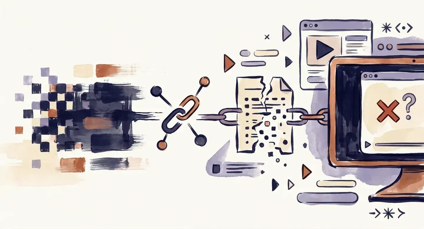 A video delivery chain breaking down: a pixelated source frame, a severed link, a torn manifest sheet, and a screen showing an error mark