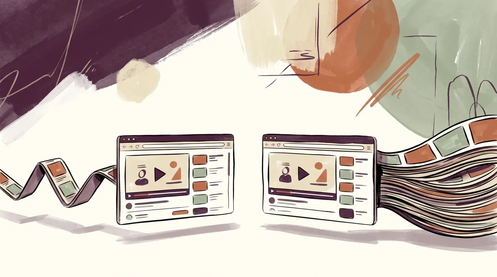 Two browser windows playing the same product video, one fed by a slim ribbon of frames and the other by a thick bundle of identical frames