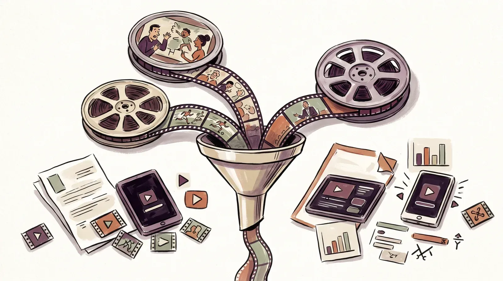 Three film reels carrying animation, sports, and talking-head footage feeding one compression funnel whose output ribbons narrow by different amounts