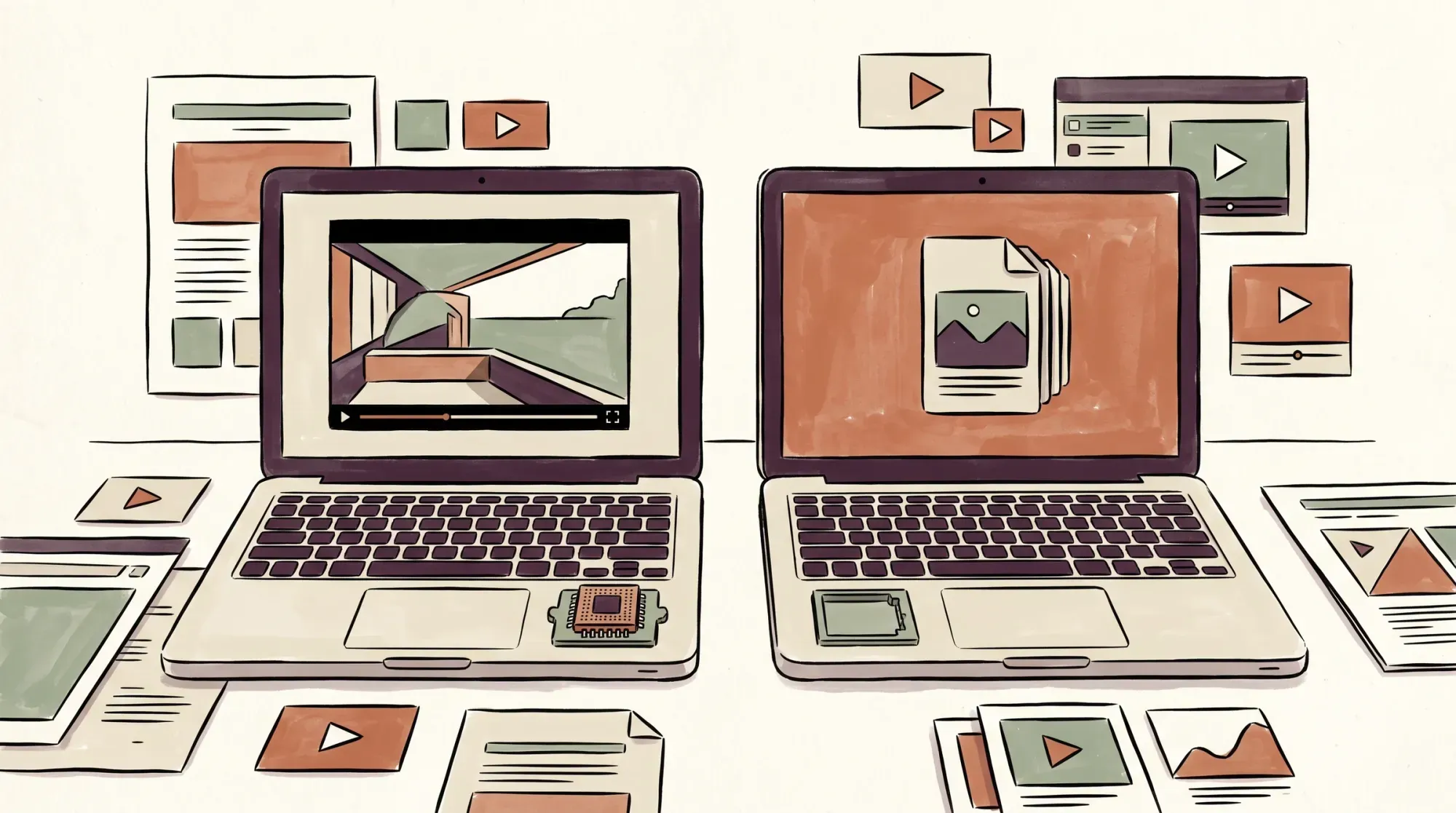 Two laptops side by side, one with a decoder chip seated in its slot playing a crisp frame, the other with an empty socket falling back to a stacked second media file