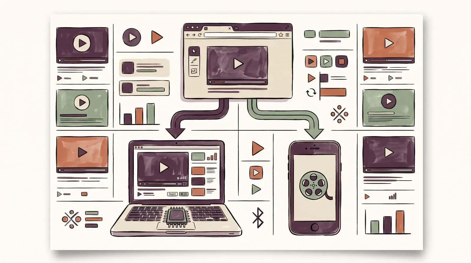 A browser window sending its video down two paths, one to a laptop with a visible decoder chip and the other to an older phone showing a plain film reel fallback