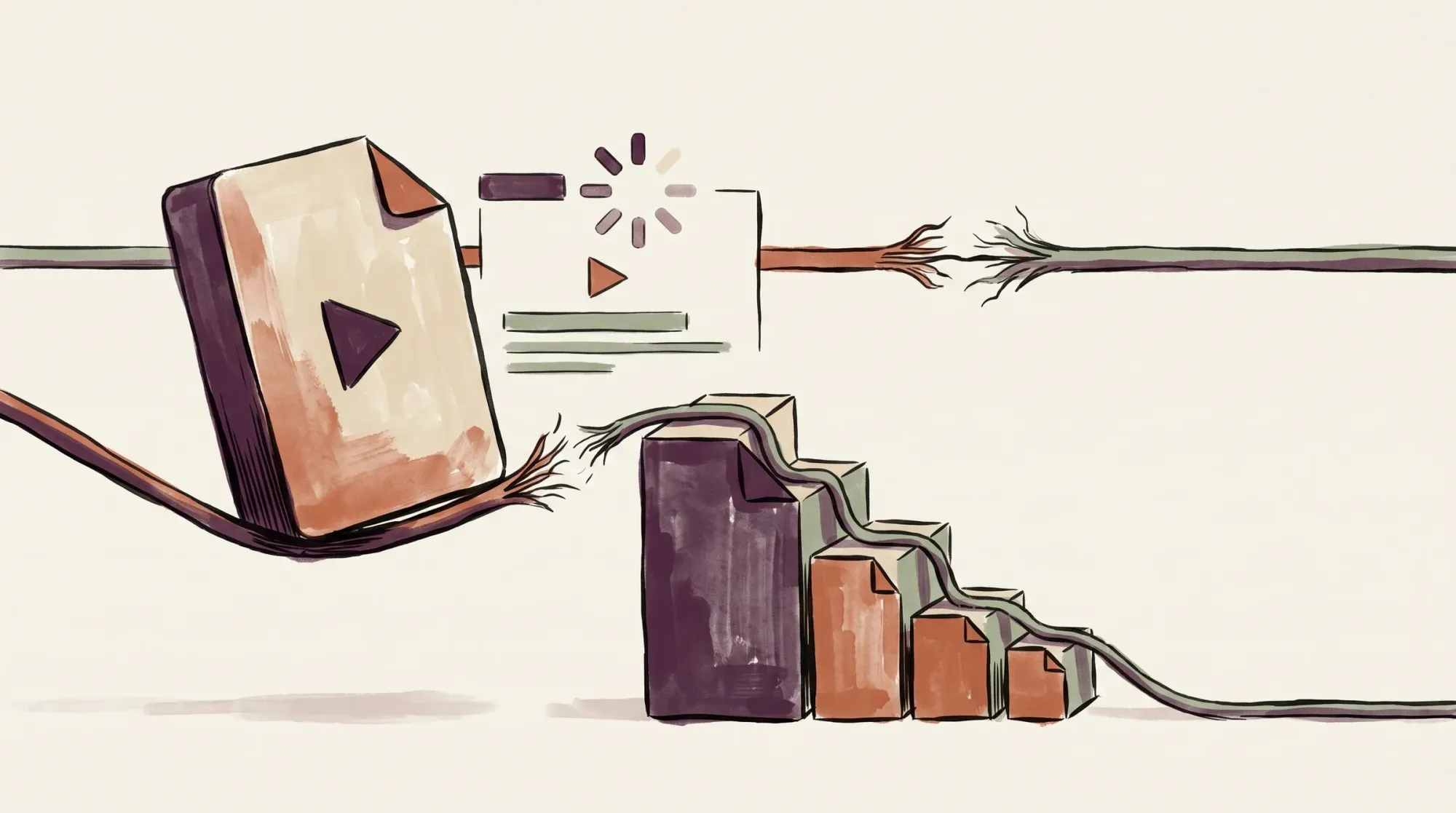 A single heavy media file stalling on a fraying signal line under a spinner, beside a staircase of progressively smaller file blocks the same line steps down
