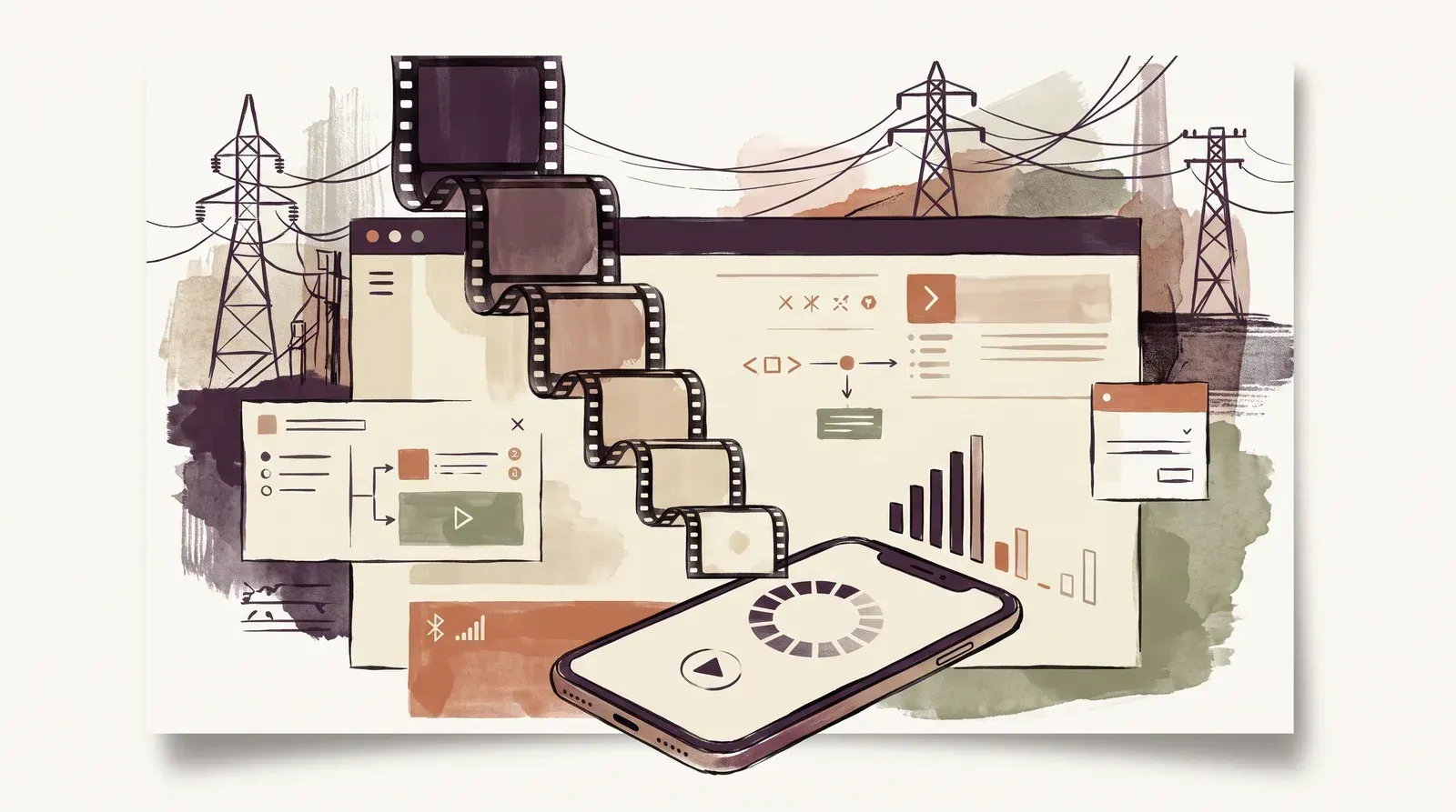 A film strip descending a stepped ladder of quality levels toward a phone with a weakening signal and a loading spinner