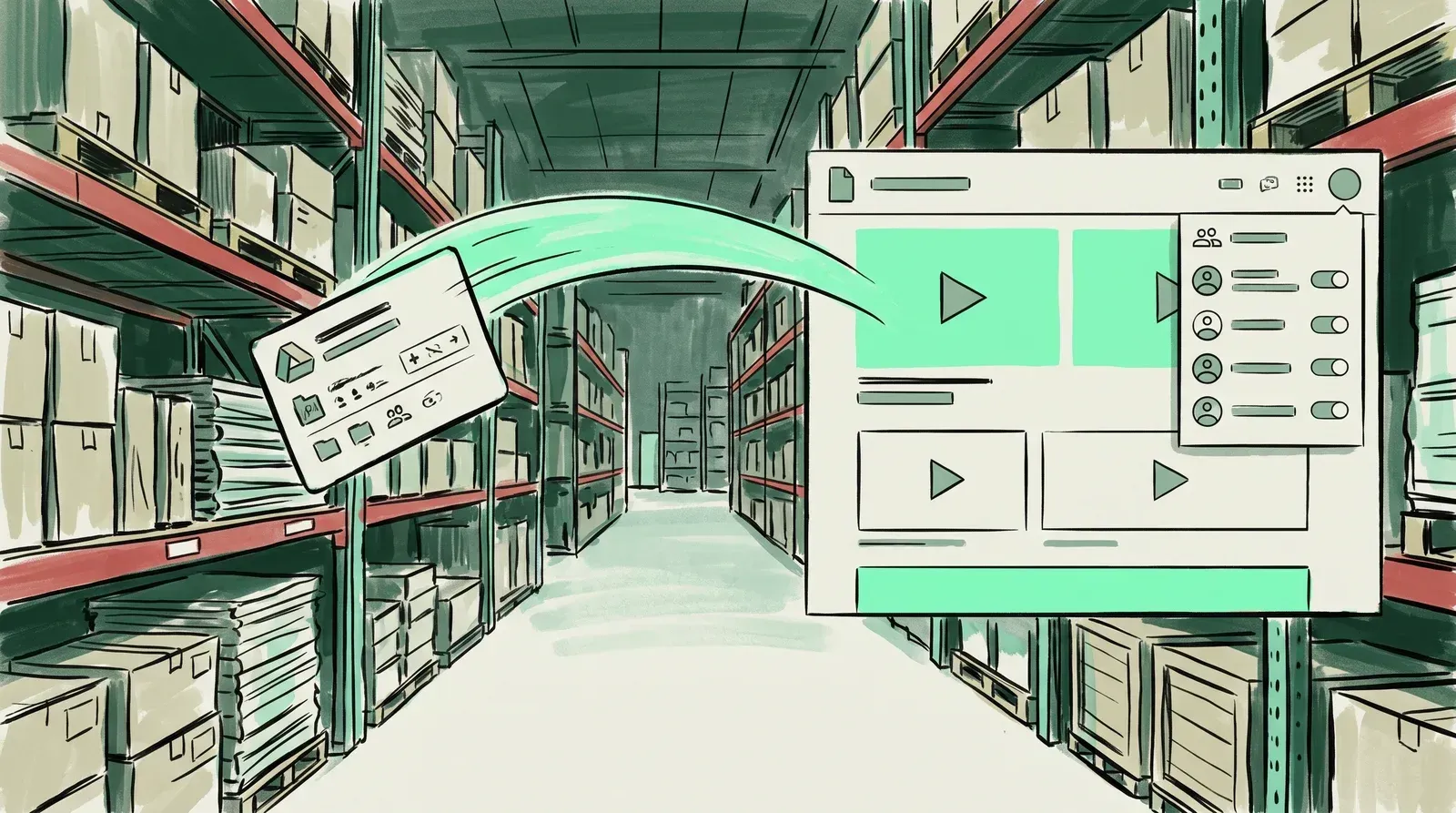A stored video file card arcing from a warehouse shelf into a web page layout with a sharing-permission list beside it