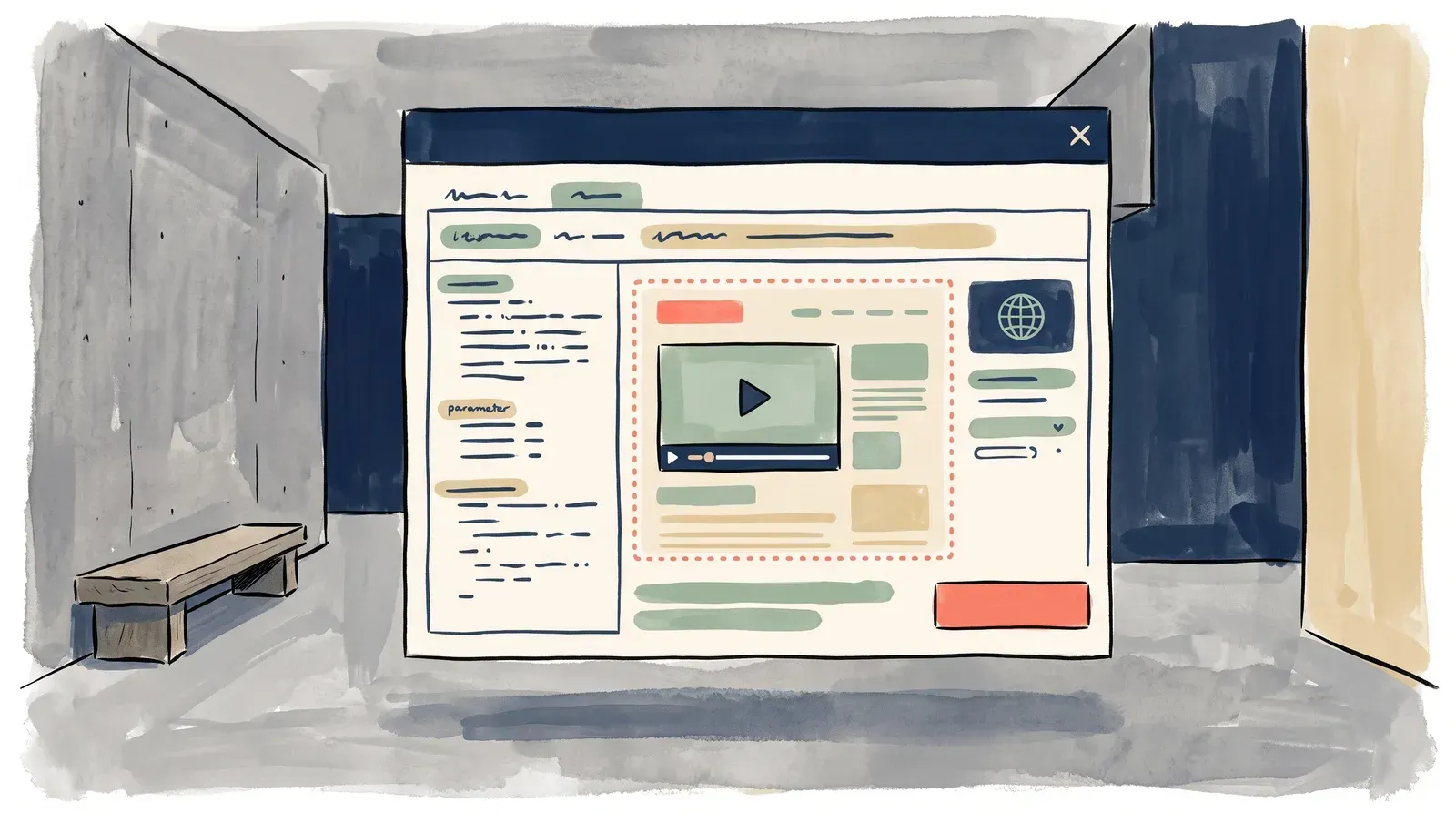 An embed code dialog holding a video player snippet inside a dashed responsive preview frame