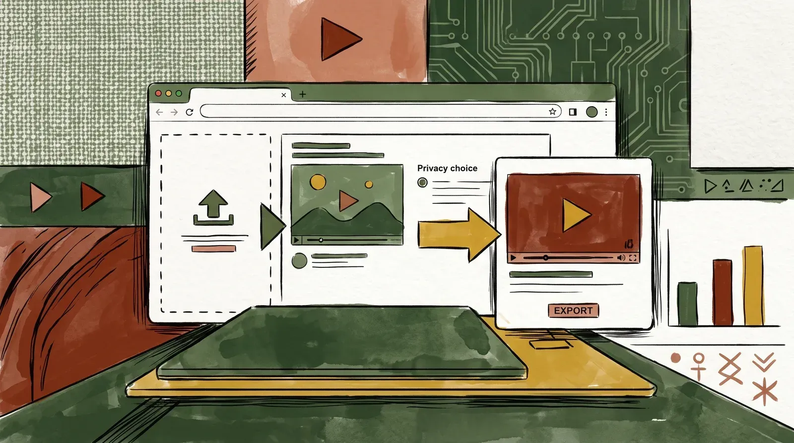 Illustration of a browser converter workspace moving an animated image from an upload panel into an exported video card