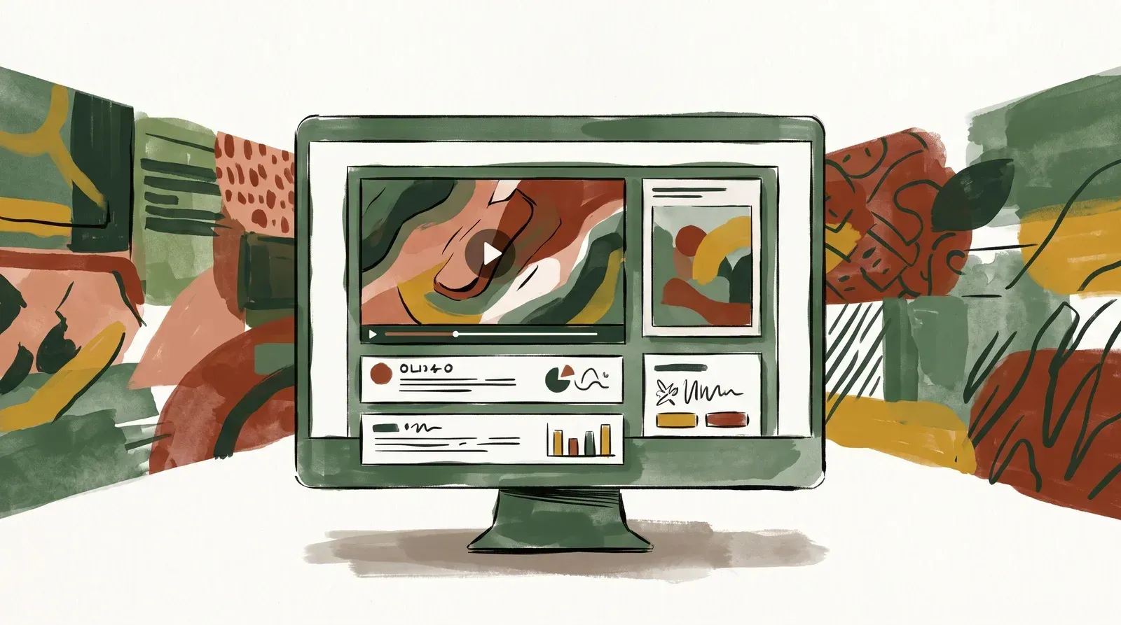 Illustration of a website mockup on a monitor showing a looping video frame beside a still poster thumbnail and stacked format cards