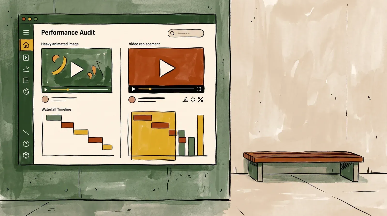 Illustration of a performance audit dashboard comparing a heavy animated image against a video replacement with a waterfall timeline