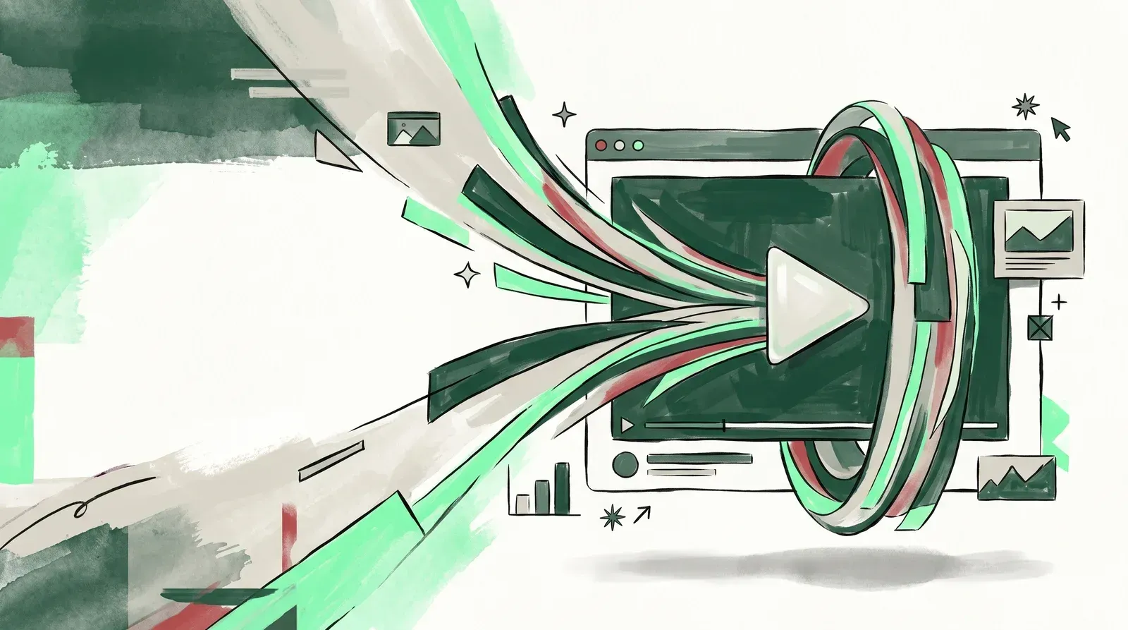 Illustration of audience streams narrowing into a single video play button on a web page, showing page exposure converting into real plays