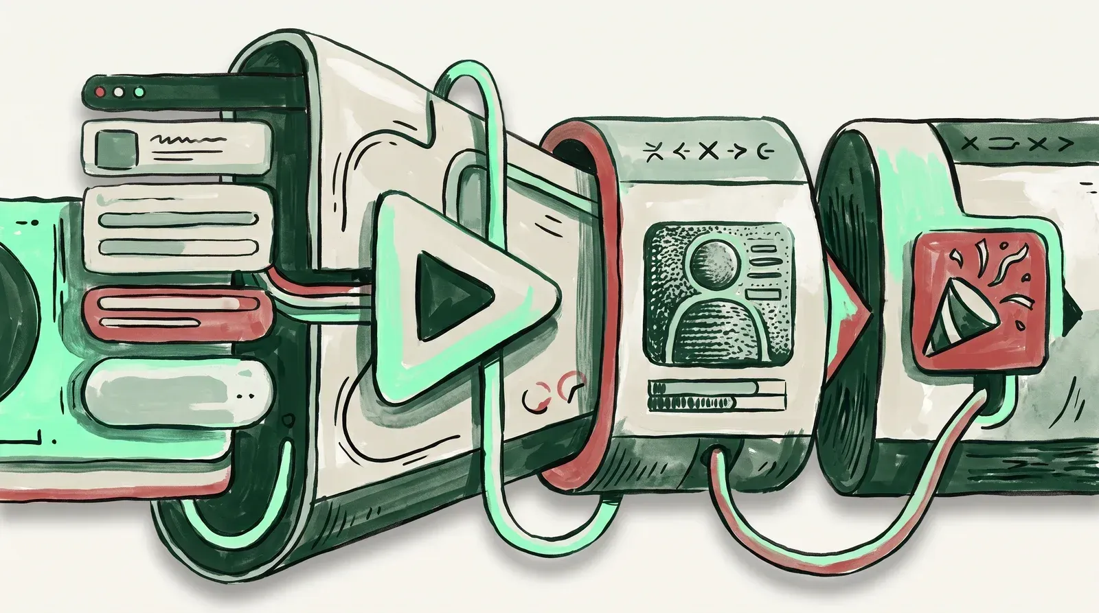 Illustration of a linked chain of touchpoints where a video play connects to a customer record and a later conversion event