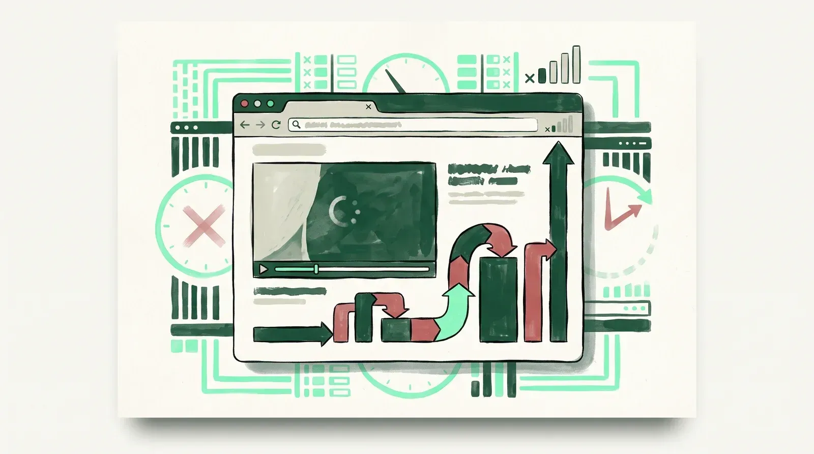 Illustration of a browser video player stalled before its first frame, surrounded by clock and signal-strength symbols suggesting slow startup and failed starts