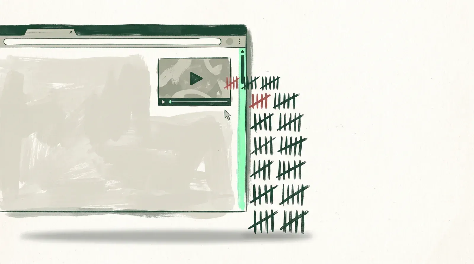Illustration of a muted video playing in the corner of a web page while identical tally marks pile up beside it