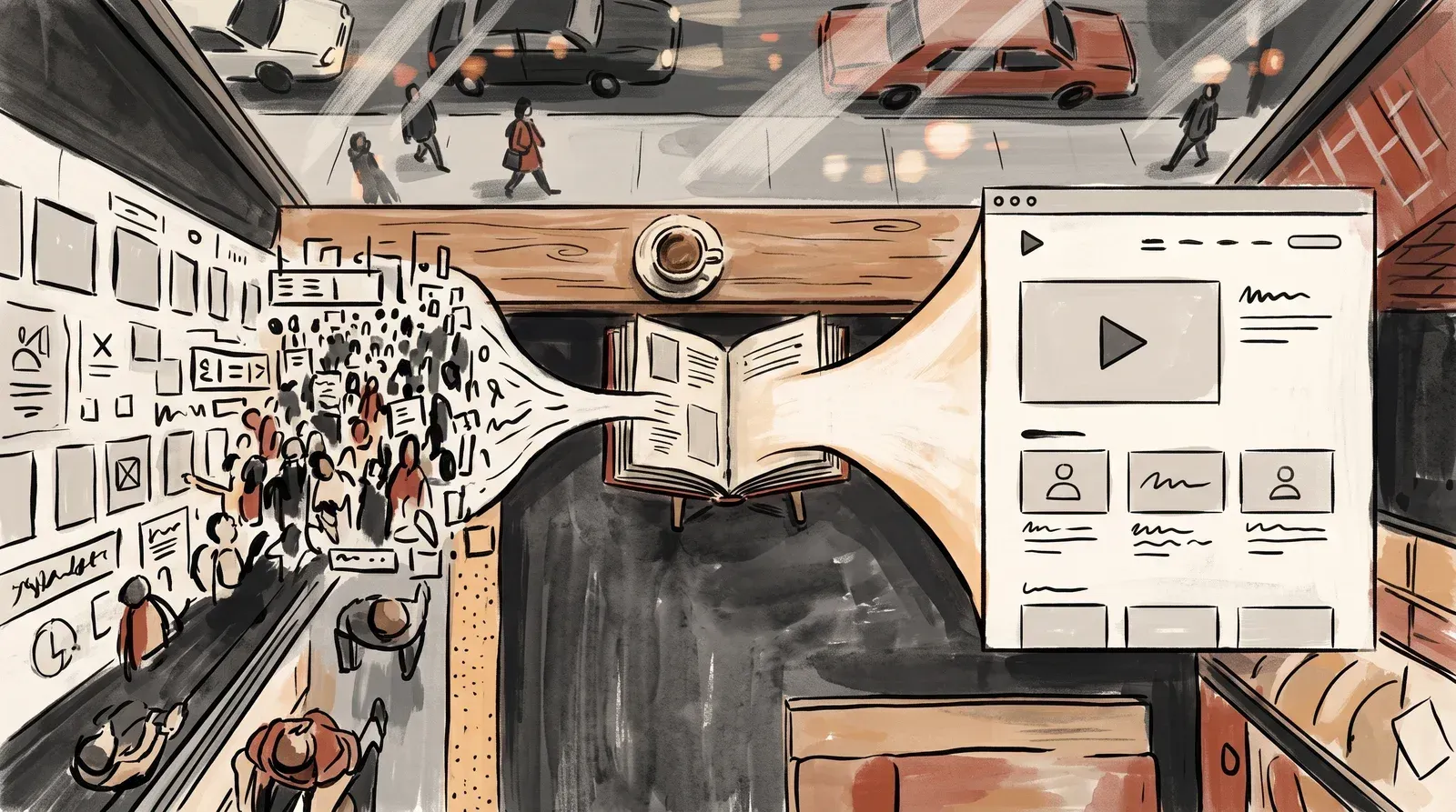 Illustration of one episode splitting toward a crowded public platform wall and a calmer branded website page