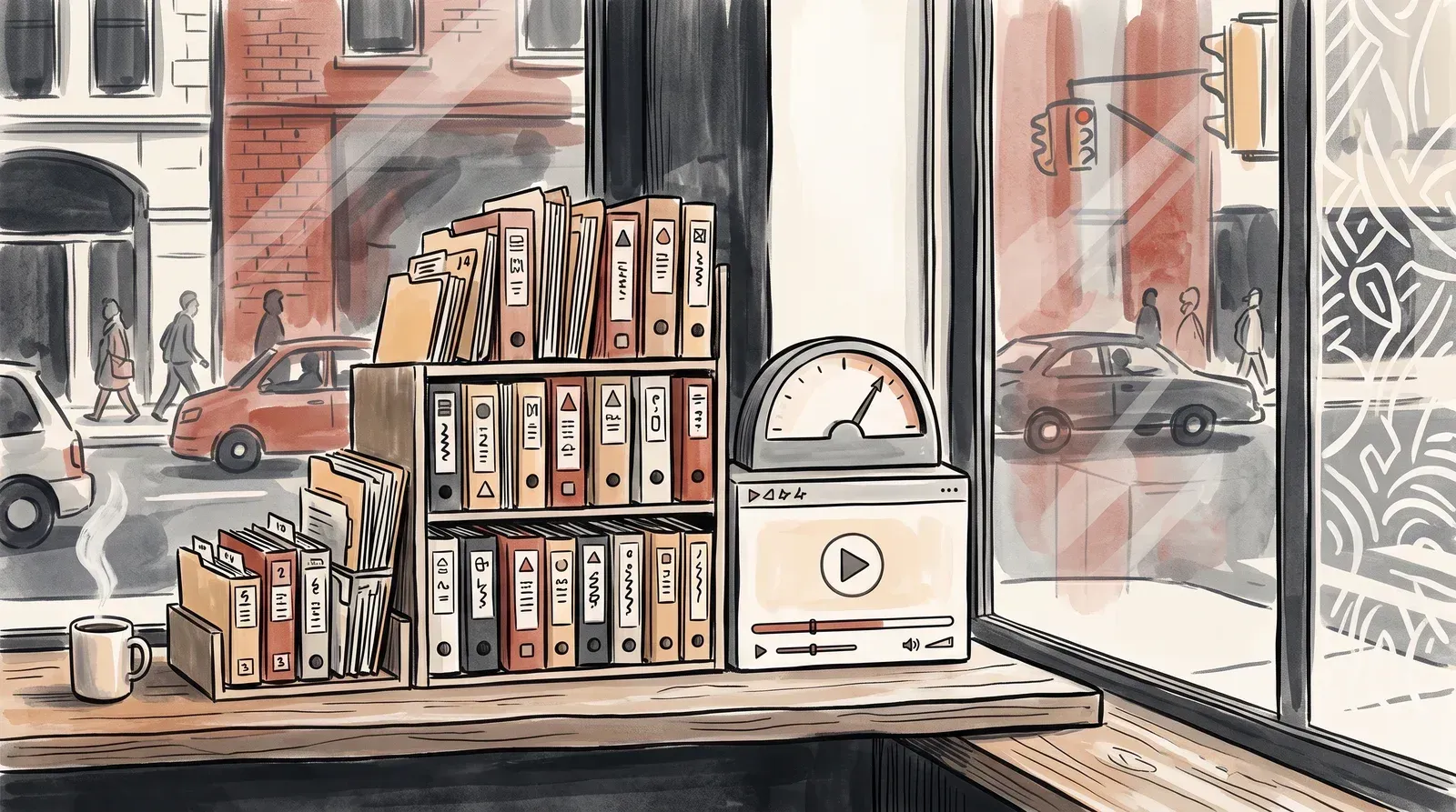 Illustration of a growing shelf of episode files beside a bandwidth meter and a branded website player