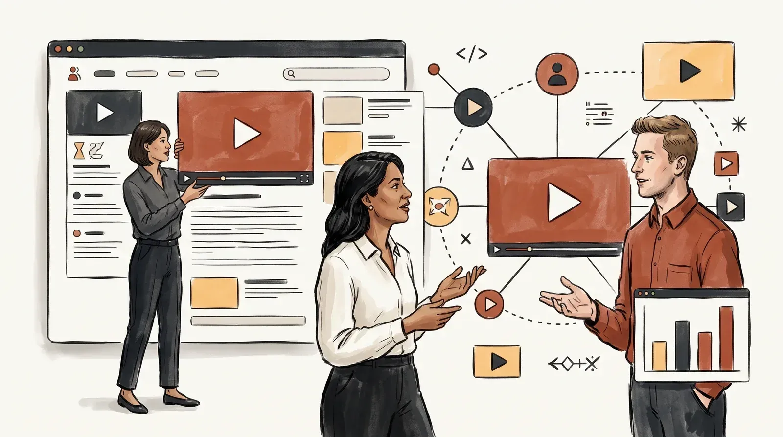 Illustration of a website page editor holding a branded video player block with transcript and sponsor sections