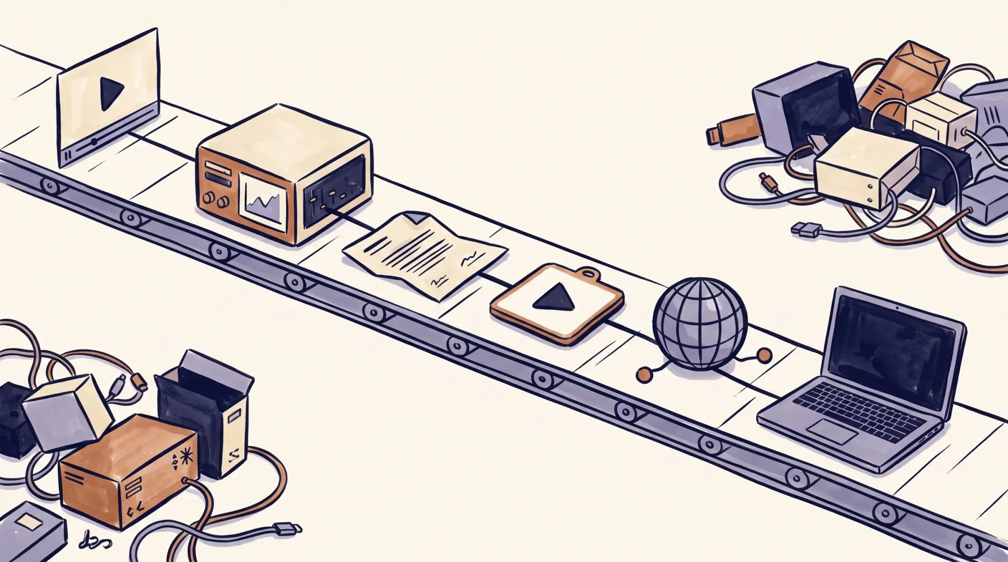 A conveyor belt carrying a video frame, an encoder box, a manifest sheet, a play badge, a globe, and a laptop past two piles of disconnected boxes and cables