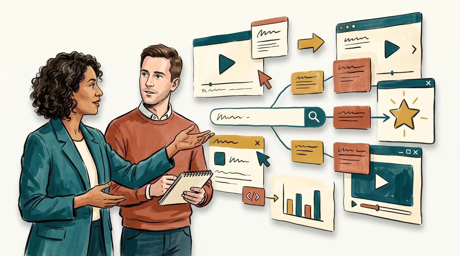 Two colleagues mapping a single search query to a focused video outline, with branching topic cards leading to one destination
