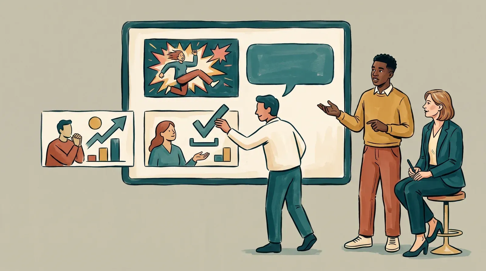 A team comparing an exaggerated thumbnail concept against a clearer one that matches the video's actual promise