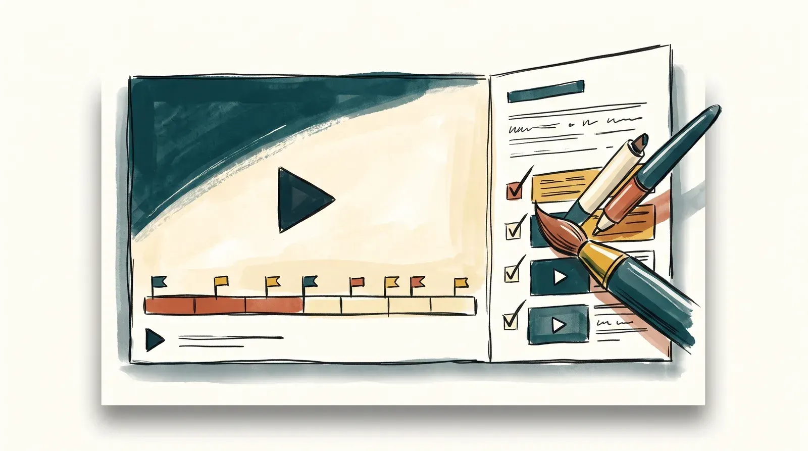 A video progress bar split into chapter segments beside a transcript panel and a checklist of caption lines