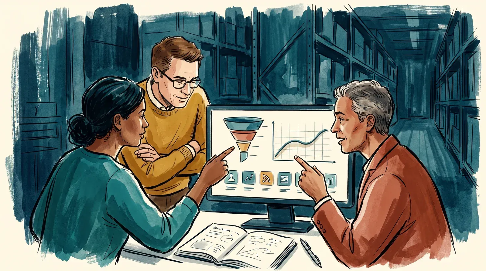 Three colleagues reviewing an analytics screen showing a funnel, a retention curve, and traffic-source tiles, with a notebook open beside it