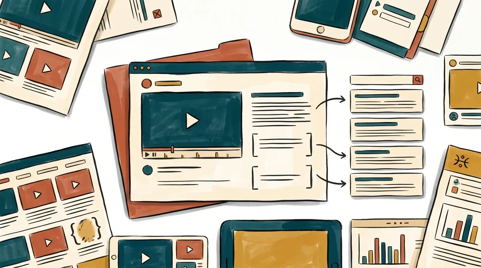 A watch page with a chaptered video player and written summary linked by arrows to a column of search result rows