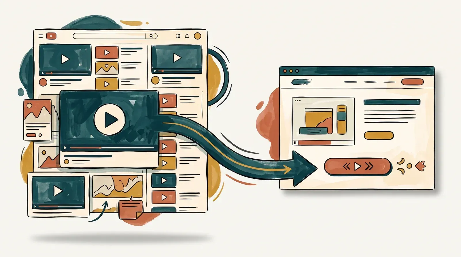 A video on a public discovery feed branching by arrow into a focused branded landing page with a single call to action