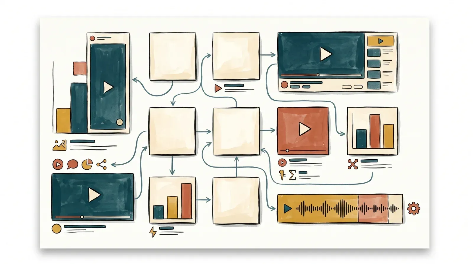 A planning board linking a vertical short clip, a wide long-form video, and a segmented audio waveform into one publishing plan