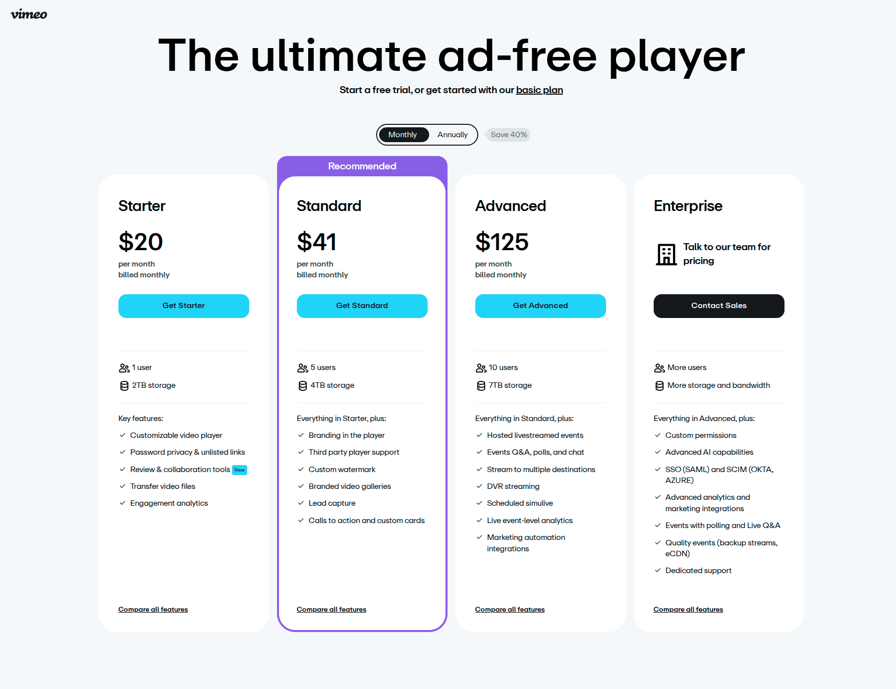 Vimeo pricing page showing free starter standard and advanced plans