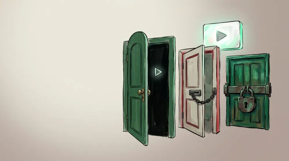 Three progressively locked doors each containing a video play icon, representing public, unlisted, and private visibility settings