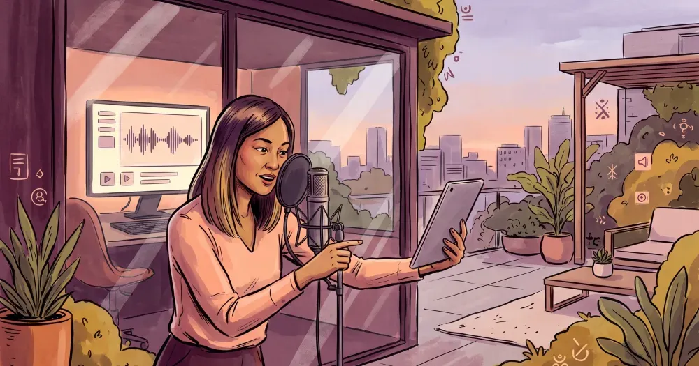 Voiceover artist speaking into a microphone with a pop filter, an audio waveform glowing on a monitor behind her, rooftop garden visible through the window