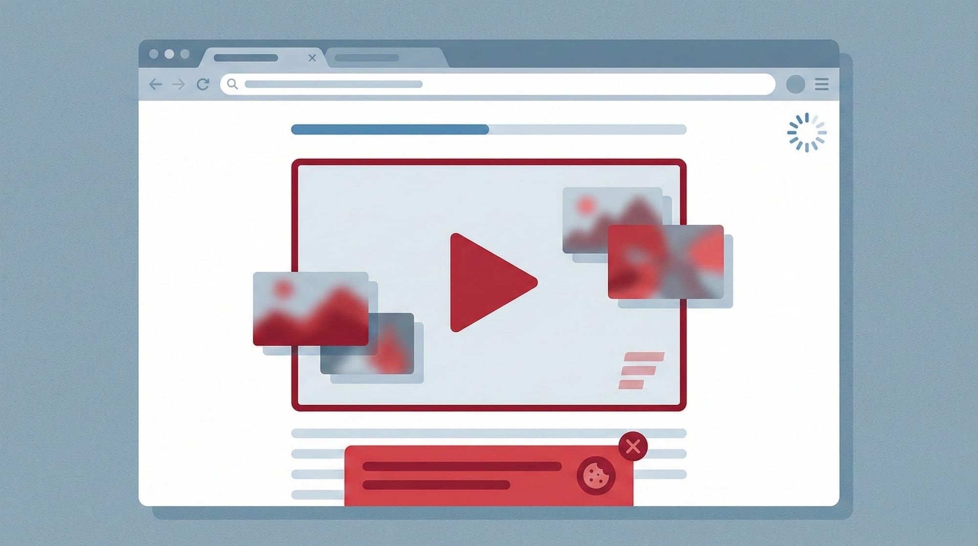 YouTube embed with related videos, loading spinner, and cookie banner on a slow website