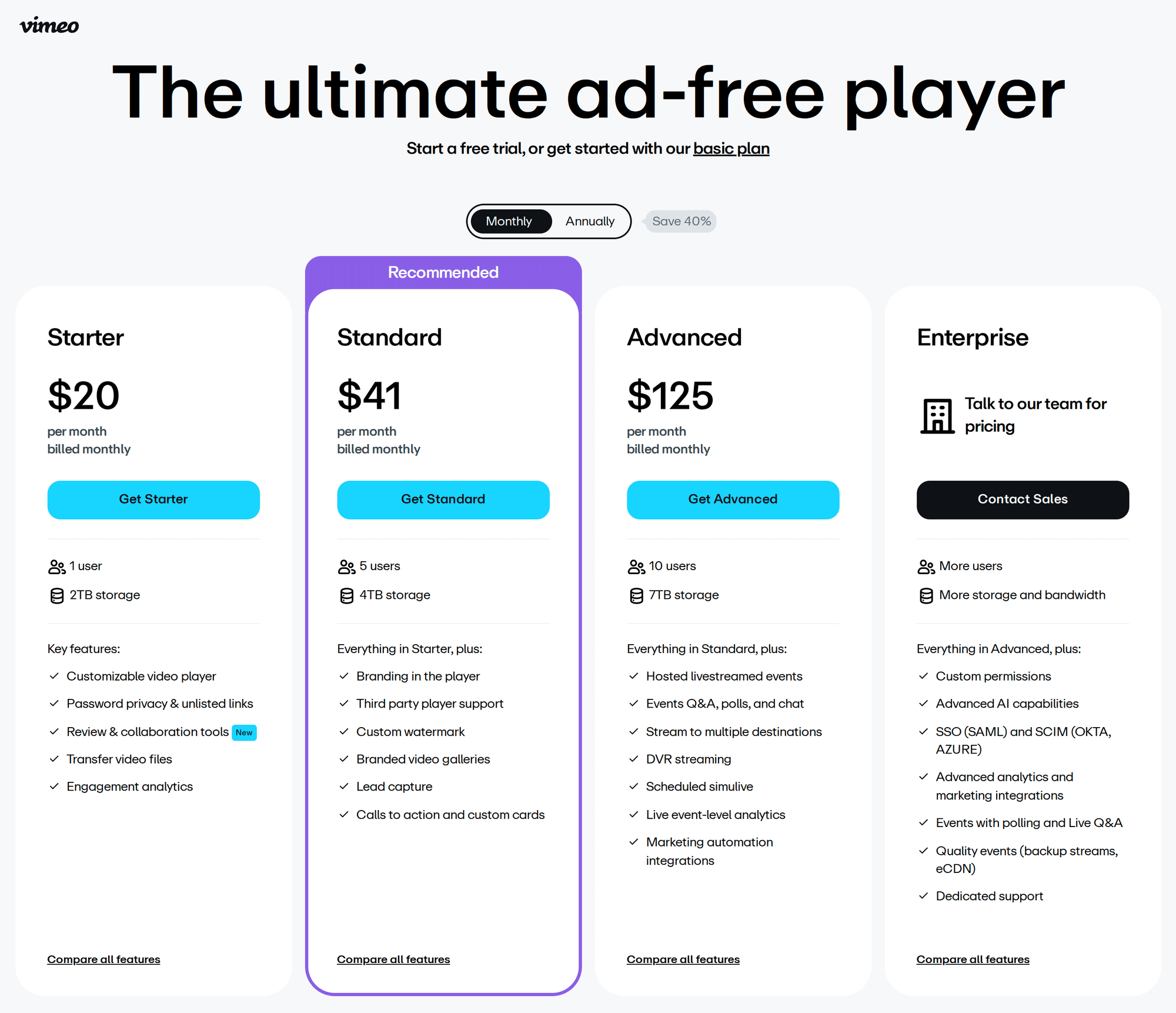 Vimeo pricing page showing Starter, Standard, Advanced, and Enterprise tiers