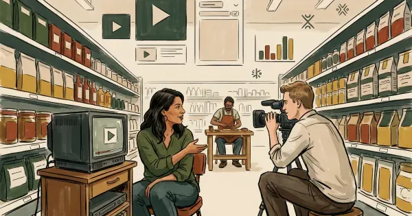 Director and camera operator filming a craftsperson at work in a small specialty shop, editorial illustration