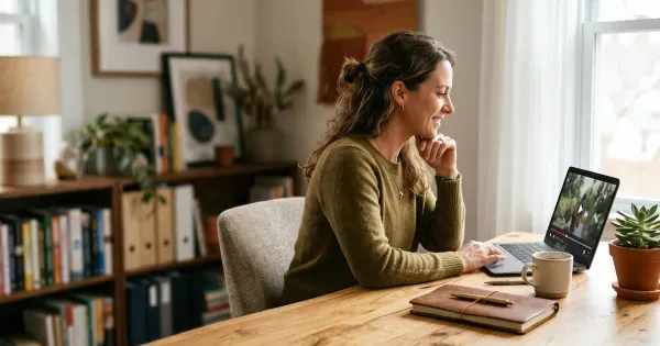 A small business owner at a warm home-office desk reviewing a clean minimalist video player on her laptop